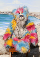 Frizzante is a magnificent, colourful and joyful, one of a kind, artist bear by Barbara-Ann Bears in luxurious fluffy mohair and faux fur Frizzante is an impressive and large teddy bear, he stands 21.5 inches (54 cm) tall and is 16 inches (40 cm) sitting, he's a big and heavy fellow 