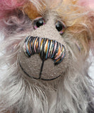 Galahad The Grey is a loveable, fluffy and subtly coloured, one of a kind artist bear, in shaggy hand dyed mohair by Barbara-Ann Bears Galahad The Grey stands 11.5 inches (29 cm) tall and is 8.5 inches (22 cm) sitting.