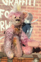 Griselda is both wild and cute, a gently colourful & loveable, one of a kind, hand dyed mohair artist bear by Barbara-Ann Bears