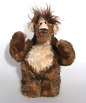 Grooble Grufflebelly is a charmingly eccentric and ridiculous, one of a kind, artist creation by Barbara-Ann Bears in wonderful tipped mohair, he stands 12.5 inches/ 32 cm tall and is 10 inches/ 23 cm sitting. Grooble Grufflebelly is mostly made from a deep and dense, medium brown mohair with black tipping