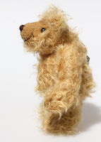 Gubbins is a very sweet little artist bear in wildly curly mohair by Barbara-Ann Bears, he stands 6.5 inches/17 cm tall and is 5 inches/12.5 cm sitting. Gubbins is made from wildly curly beige gold mohair, with beige German wool felt paw pads. Gubbins has black boot button eyes, an embroidered nose and a beaming smile
