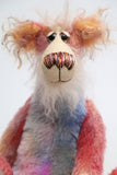 Hamish McBoagle is not the most sensible of bears, a comical one of a kind artist bear in hand-dyed mohair by Barbara Ann Bears. Hamish McBoagle stands 13.5 inches( 34 cm) tall and is 10.5 inches (26 cm) sitting.