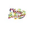 Happy Birthday hand drawn in many colours set among leaves and flowers on a white background