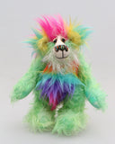 Harold Marvin Rune-Castle is a wildly colourful and happy one of a kind, hand dyed mohair and faux fur artist bear by Barbara-Ann Bears, he stands 8 inches/ 20 cm tall and is 6 inches/ 15 cm sitting.  Harold Marvin Rune-Castle is appealingly cheerful and colourful, he's not a bear to let cloudy days get him down.