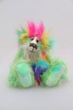 Harold Marvin Rune-Castle is a wildly colourful and happy one of a kind, hand dyed mohair and faux fur artist bear by Barbara-Ann Bears, he stands 8 inches/ 20 cm tall and is 6 inches/ 15 cm sitting.  Harold Marvin Rune-Castle is appealingly cheerful and colourful, he's not a bear to let cloudy days get him down.