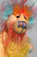 Harrison Hugs is a summery bundle of love and happiness, a colourful one of a kind, mohair and faux fur artist bear by Barbara-Ann Bears Harrison Hugs is quite a little bear, he stands just 7 inches( 17 cm) tall and is 5 inches ( 13 cm) sitting, these measurements don't include his plumes of hair which add another 2.5 inches (6cm).