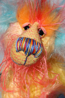 Harrison Hugs is a summery bundle of love and happiness, a colourful one of a kind, mohair and faux fur artist bear by Barbara-Ann Bears Harrison Hugs is quite a little bear, he stands just 7 inches( 17 cm) tall and is 5 inches ( 13 cm) sitting, these measurements don't include his plumes of hair which add another 2.5 inches (6cm).