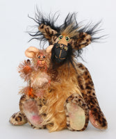 Mouseterpiece and Houdini are a very playful, one of a kind artist mouse and cat by Barbara Ann Bears, in beautiful faux fur and mohair  Houdini stands 13 inches/33 cm tall and is 11 inches/27 cm sitting, Mouseterpiece stands just 5 inches/12.5 cm tall and is 4 inches/10 cm sitting, his tail is 5.5 inches/14 cm long.