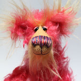 Mr Jazzicle, a gorgeous, kooky and gloriously pink, a one of a kind artist bear in stunning hand dyed mohair by Barbara-Ann Bears. He stands 15 inches( 37 cm) tall and is 11.5 inches ( 29 cm) sitting, mostly made from a long, wildly distressed mohair that Barbara has dyed in a gorgeous blend of magenta and softer pinks