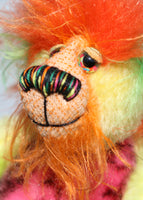 Jeremiah Jitterbug has beautiful, hand painted eyes with eyelids, a splendid nose embroidered from individual threads to compliment his colouring and he has a huge, friendly smile