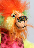Jeremiah Jitterbug has beautiful, hand painted eyes with eyelids, a splendid nose embroidered from individual threads to compliment his colouring and he has a huge, friendly smile