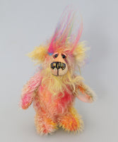 Jeremy Pootles is a very happy little teddy bear,he is quite colourful in a subdued way, a one of a kind, mohair artist bear by Barbara-Ann Bears  Jeremy Pootles is quite a little bear, he stands just 6 inches/15 cm tall and is 5 inches/13 cm sitting,