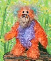 Jojo is a very happy and sweet teddy bear, a colourful, one of a kind, artist bear by Barbara-Ann Bears in beautiful hand-dyed mohair Jojo stands 9.5 inches( 24 cm) tall and is 7.5 inches ( 19 cm) sitting Jojo is a mixture of beautiful happy colours,  just the sort of colours you need to put a smile on your face