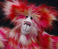 Katchmouski is a fantastically wild and kooky, one of a kind artist cat in gorgeous faux fur and the fluffiest mohair by Barbara Ann Bears Katchmouski stands 12.5 inches( 31 cm) tall and is 11 inches (27 cm) sitting, her curly tail would be about 13 inches (33 cm) long if it could be straightened out, but it's always going to be a curly tail, it was cut and sewn that way.