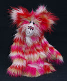 Katchmouski is a fantastically wild and kooky, one of a kind artist cat in gorgeous faux fur and the fluffiest mohair by Barbara Ann Bears Katchmouski stands 12.5 inches( 31 cm) tall and is 11 inches (27 cm) sitting, her curly tail would be about 13 inches (33 cm) long if it could be straightened out, but it's always going to be a curly tail, it was cut and sewn that way.