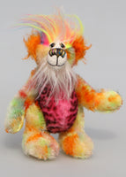Kenny Kapow is a joyful bear of colourful happiness, a one of a kind, hand dyed mohair and faux fur artist bear by Barbara-Ann Bears, he stands 8.5 inches/21 cm tall and is 6.5 inches/16 cm sitting. He is made in multicoloured hand dyed mohair and spotty faux fur with a plume of long colourful faux fur on his head