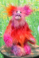 Kylie Calypso, a joyous celebration of colourful happiness, a one of a kind artist bear in hand dyed mohair & faux fur by Barbara-Ann Bears, Kylie Calypso stands 10 inches( 25 cm) tall and is 7.5 inches ( 19 cm) sitting. She's full of summertime sunshine that lasts all year long.