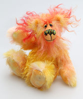 Lenny Lemoncake is a joyous celebration of colourful happiness, a one of a kind, hand dyed mohair artist bear by Barbara-Ann Bears Lenny Lemoncake is quite a little bear, he stands just 6.5 inches( 16 cm) tall and is 5.5 inches (14 cm) sitting.