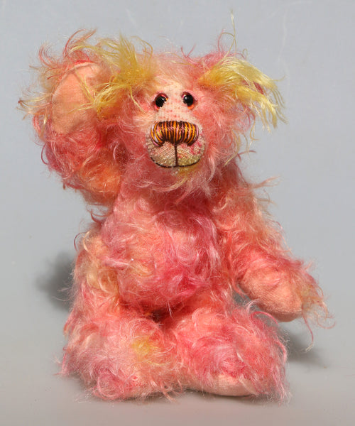 Lenny Lemonears a lovable, colourful, little one of a kind, hand dyed mohair artist bear by Barbara-Ann Bears, he stands just 6.5 inches/16 cm tall. Lenny is mostly made from a wild mohair hand dyed in pink, gold and magenta and the fronts of his ears and the underside of his tail are a long mohair dyed a lemony yellow