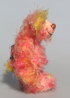 Lenny Lemonears a lovable, colourful, little one of a kind, hand dyed mohair artist bear by Barbara-Ann Bears, he stands just 6.5 inches/16 cm tall. Lenny is mostly made from a wild mohair hand dyed in pink, gold and magenta and the fronts of his ears and the underside of his tail are a long mohair dyed a lemony yellow