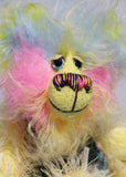 Leo Fuzzball has beautiful, hand painted eyes with hand coloured eyelids, a splendid nose embroidered from individual threads to compliment his colouring and he has a huge, friendly smile