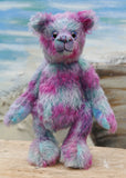 Lettie, a sweet and romantic, one of a kind, traditional, artist teddy bear in gorgeous pink and blue hand-dyed mohair by Barbara Ann Bears Lettie stands 11 inches (28cm) tall and is 8.5 inches (22cm) sitting, she is made from a slightly wavy fairly sparse mohair, that Barbara has dyed in bands of sky blue and magenta