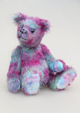 Lettie, a sweet and romantic, one of a kind, traditional, artist teddy bear in gorgeous pink and blue hand-dyed mohair by Barbara Ann Bears Lettie stands 11 inches (28cm) tall and is 8.5 inches (22cm) sitting, she is made from a slightly wavy fairly sparse mohair, that Barbara has dyed in bands of sky blue and magenta