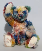 Lionel Podgerton, a handsome & subtly colourful, traditional one of a kind artist teddy bear, in fabulous hand dyed mohair by Barbara Ann Bears, he stands 15 inches/38cm tall and is 11 inches/28cm sitting. Made from hand dyed mohair in gorgeous colours like clouds of pink and purple against a dark blue sky over the sea. 