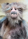 Lord Dougal of Drumdiddle, a large one of a kind, artist teddy bear in gorgeous faux fur & mohair by Barbara-Ann Bears. Standing 23 inches (58 cm) tall and 17 inches (43 cm) sitting. He has a very dignified and relaxed manner, made from very long faux fur in bands of turquoise, slate grey, milky brown and pinky beige