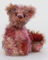 Louis is a very sweet and friendly, almost traditional one of a kind mohair artist teddy bear by Barbara Ann Bears, he stands 10.5 inches/26 cm tall and is 8 inches/20 cm sitting. Louis is mostly made from a beautiful, fairly long and wild mohair that Barbara has dyed in subtle shades of grey, pink, gold and brown