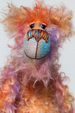 Lucian Limbos, the most gloriously coloured and flamboyant yet laid back, one of a kind, hand dyed mohair, artist bear by Barbara-Ann Bears. Lucian Limbos stands 15.5 inches( 39 cm) tall and is 12.5 inches ( 32 cm) sitting