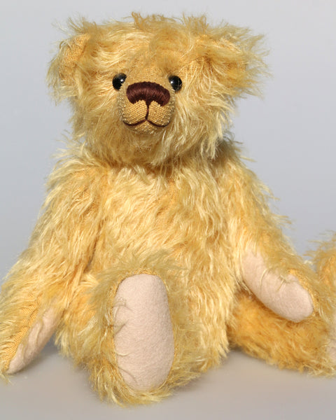 Marigold's Teddy a lovable sweet traditional artist teddy bear made from beautiful gold German mohair by Barbara-Ann Bears  Marigold's Teddy stands 11 inches (28cm) tall and is 8 inches (20cm) sitting.  Marigold's Teddy comes from the same design as we used to make Marigold's teddy bear for Downton Abbey
