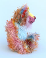Marvin is a gorgeous, relaxed and gloriously colourful one of a kind artist bear in stunning hand dyed mohair by Barbara-Ann Bears, he stands 14 inches(36 cm) tall and is 11 inches (28 cm) sitting. Marvin is mostly made from a long, wildly distressed mohair that Barbara has dyed in a gorgeous blend of cheeerful colours