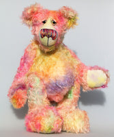 Matisse, a sweet and colourful, one of a kind, artist teddy bear in gorgeous hand dyed mohair by Barbara-Ann Bears Matisse stands 16.5 inches (42 cm) tall and is 12.5 inches (32 cm) sitting. Matisse is a splendid friendly bear of great character and charm. A bear of happy, summery colours and a love of wild overgrown gardens