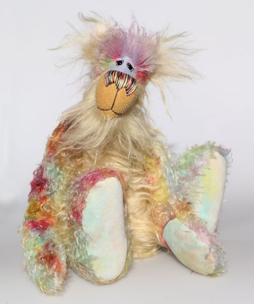 Maurice is a beautifully coloured, elegant and friendly, one of a kind artist teddy bear in stunning hand dyed mohair by Barbara-Ann Bears