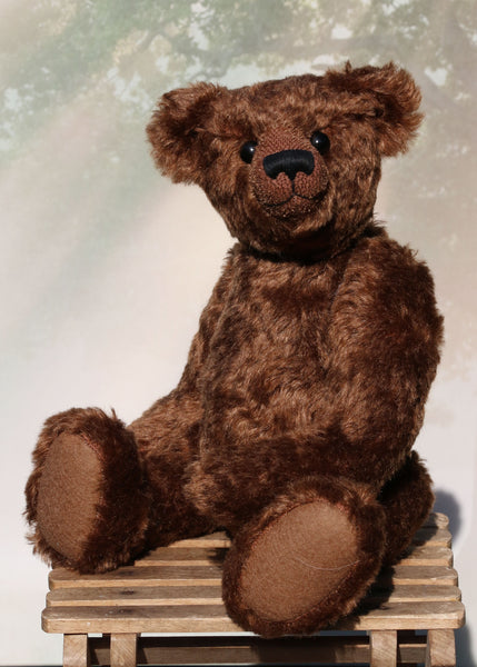 McPherson is a sweet and handsome, traditional teddy bear made from wonderful soft chocolate brown German mohair by Barbara Ann Bears. He is 16 inches (41cm) tall and is 11 inches (28cm) sitting. McPherson is made from a gorgeous, dense and soft, very slight distressed, delicious, warm chocolatey brown German mohair