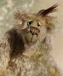 Melvin is an endearingly sweet and gentle, beautifully coloured, one of a kind, hand dyed mohair artist bear by Barbara-Ann Bears. Melvin stands 12 inches( 30 cm) tall and is 8.5 inches (21 cm) sitting with a 2.5 inch (6 cm) long mohawk. He's mostly made from a medium length hand dyed mohair, in a subtle blend of greens,