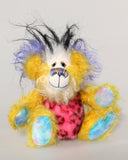 Mickey Gigglefitz is a wonderfully happy and colourful one of a kind artist teddy bear by Barbara-Ann Bears he stands 7.5 inches( 19 cm) tall  Mickey Gigglefitz is mostly made from a distressed hand dyed yellow mohair His face is a long white mohair, black-spotted pink faux fur and plumes of very long black faux fur