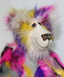 Miguel is mostly made from a very long, shaggy and dense faux fur which is black with bands of magenta, yellow, violet, grey and white. Miguel 's face, the fronts of his ears and the underside of his tail are made from a very long and soft white mohair. Miguel has large, beautiful, hand painted glass eyes with hand coloured eyelids, he has a carefully embroidered nose that incorporates all of his colours and a sweet, thoughtful smile