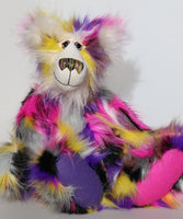 Miguel is a very shaggy, wild and colourful one of a kind, artist teddy bear in gorgeous faux fur & fluffy mohair by Barbara-Ann Bears he stands 19 inches/48 cm tall and is 15 inches/38 cm sitting.Miguel is made from a long and dense faux fur which is black, magenta, yellow, violet, grey and white and long white mohair