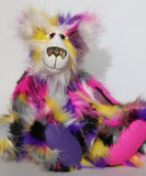 Miguel is a very shaggy, wild and colourful one of a kind, artist teddy bear in gorgeous faux fur & fluffy mohair by Barbara-Ann Bears he stands 19 inches/48 cm tall and is 15 inches/38 cm sitting.Miguel is made from a long and dense faux fur which is black, magenta, yellow, violet, grey and white and long white mohair