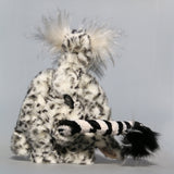 he has a jointed (rotatable) tail made from short black and white striped animal print faux fur with a plume of very long and fluffy black faux fur which has some white spikes emerging from it just to make it even more exciting. His tail has pipe cleaners inside it so that you can curl it as you like