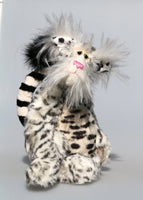 Monsieur Charles Aznomouse is a fantastically wild and kooky, one of a kind artist cat in gorgeous faux fur and the fluffiest mohair by Barbara Ann Bears  Monsieur Charles Aznomouse stands 12.5 inches( 31 cm) tall and is 11 inches (27 cm) sitting, his curly tail would be about 13 inches (33 cm) long if it could be straightened out, but it's always going to be a curly tail, it was cut and sewn that way. 