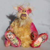Monty Magoo is a big, stunning, wild and wonderful, one of a kind, artist teddy bear in hand dyed mohair and faux fur by Barbara-Ann Bears. Monty Magoo stands 19 inches (48 cm) tall and is 14 inches (36 cm) sitting. 