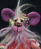 Mouski is a comical, sweet and dinky, one of a kind, artist mouse with extraordinary ears in colourful fabric & mohair by Barbara-Ann Bears Mouski stands just 5 inches (12.5 cm) tall and is 4 inches (10 cm) sitting, his tail is 5 inches (12.5 cm) long.