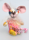 Moussorgsky is a comical, sweet and dinky, one of a kind, artist mouse with impressive ears in designer fabric & mohair by Barbara-Ann Bears. Moussorgsky stands just 5 inches (12.5 cm) tall and is 4 inches (10 cm) sitting, his tail is 5 inches (12.5 cm) long. He is mostly made from a wonderful printed cotton fabric