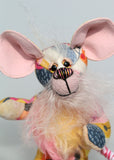 Moussorgsky is a comical, sweet and dinky, one of a kind, artist mouse with impressive ears in designer fabric & mohair by Barbara-Ann Bears. Moussorgsky stands just 5 inches (12.5 cm) tall and is 4 inches (10 cm) sitting, his tail is 5 inches (12.5 cm) long. He is mostly made from a wonderful printed cotton fabric