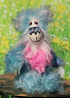 Murff is an extremely happy teddy bear, a comically joyful, one of a kind, hand-dyed mohair artist bear by Barbara-Ann Bears Murff stands 9 inches( 23 cm) tall and is 6.5 inches ( 16 cm) sitting. Murff is a wonderfully happy and enthusiastic teddy bear in blue and pink hand dyed mohair with a stonking nose and huge smile