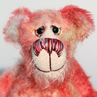 Nuggins is a joyous celebration of Yuletide happiness, a one of a kind, hand dyed mohair artist bear by Barbara-Ann Bears