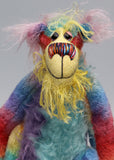 Pedro, a comical, lanky, rainbow bear, a one of a kind artist bear in the most gorgeous, colourful hand-dyed mohair by Barbara Ann Bears Pedro stands 15.5 inches( 39 cm) tall and is 12 inches (30 cm) sitting, just the sort of teddy bear that you might expect to find at the end of a rainbow. 